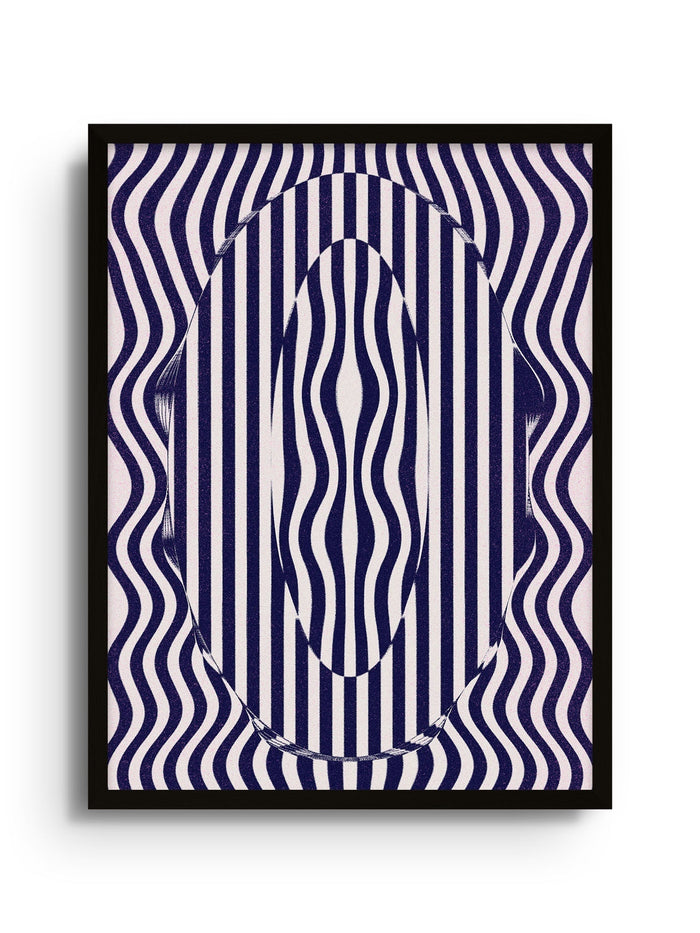 Abstract wavy striped pattern artwork in navy and white, framed, titled 0 - Fergus Hannant designed by Fergus Hannant.