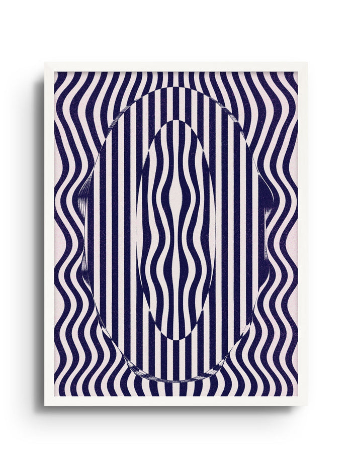 0 - Fergus Hannant abstract art print with wavy vertical stripes in blue and white with oval shape design.