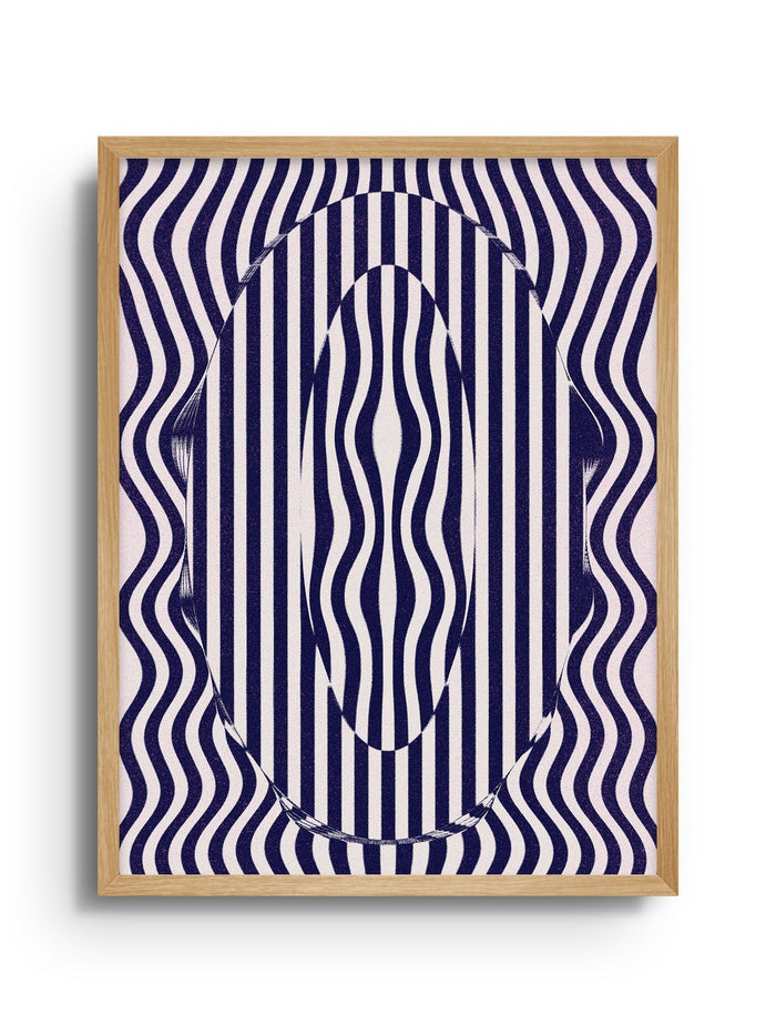 Framed abstract optical illusion artwork with vertical and wavy blue stripes titled 0 - Fergus Hannant.