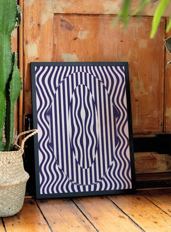 Framed abstract art with blue and white stripes creating an optical illusion, titled 0 - Fergus Hannant.