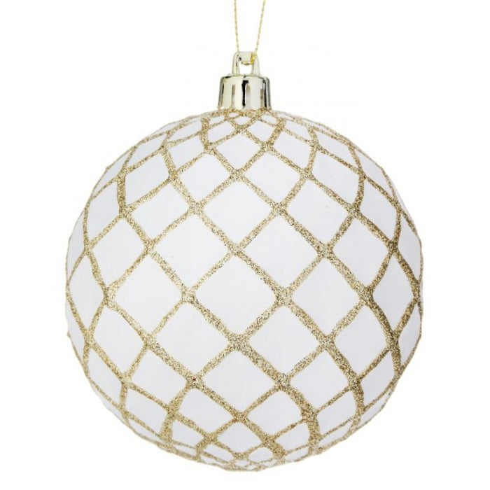 100mm VP Glitter Net Concave Ball Ornament - White & Gold