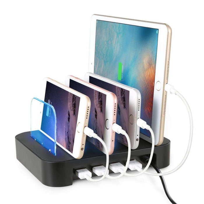 3-Port Fast Charge USB Phone Charger: black, white multi-device charging dock/stand, minimal style