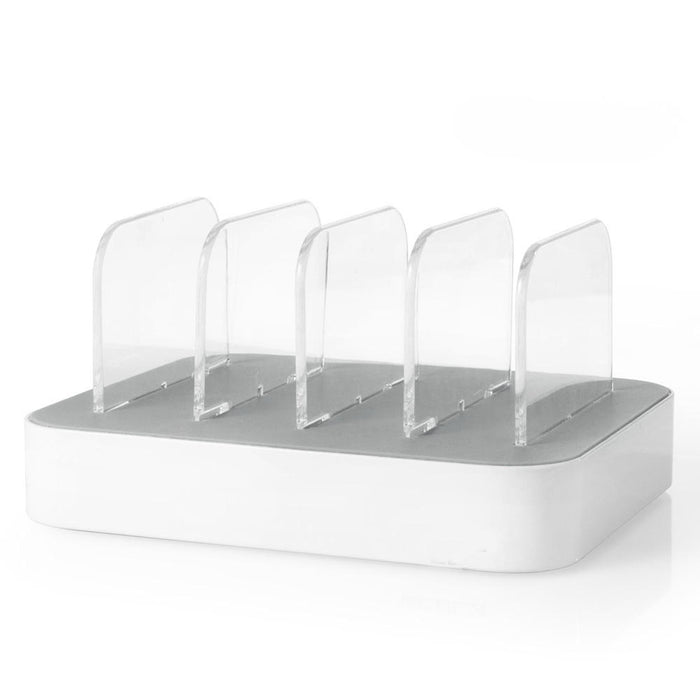 3-Port Fast Charge USB Phone Charger: black, white multi-device charging dock/stand, minimal style