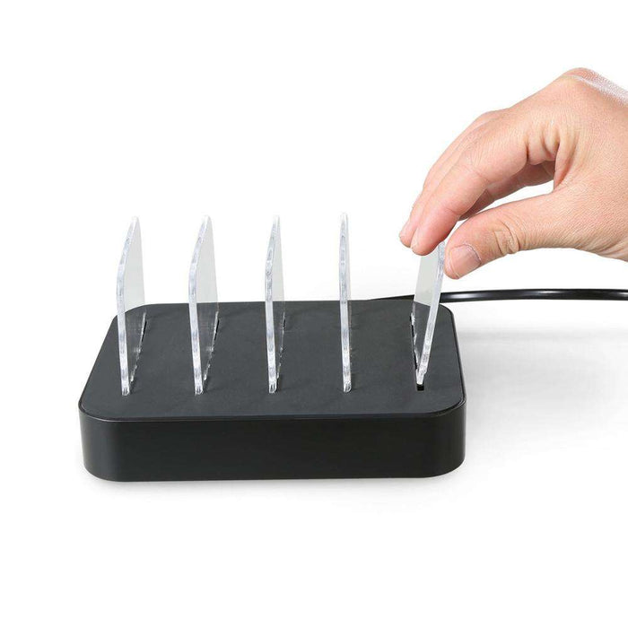 3-Port Fast Charge USB Phone Charger: black, white multi-device charging dock/stand, minimal style
