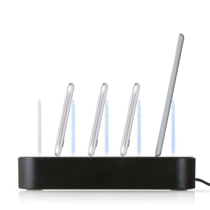 3-Port Fast Charge USB Phone Charger: black, white multi-device charging dock/stand, minimal style