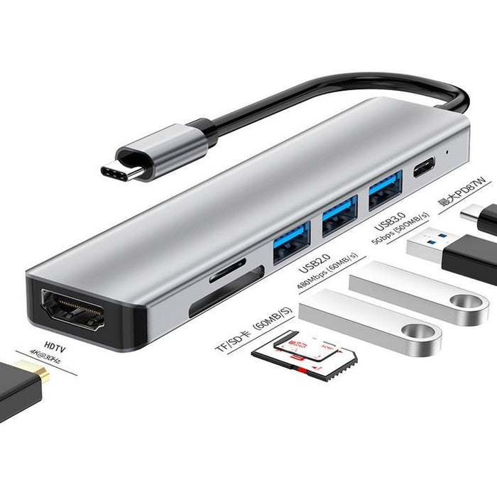 7-in-1 USB-C Hub: Ultimate Connectivity: silver, black USB-C multiport hub/docking adapter, minimal modern style