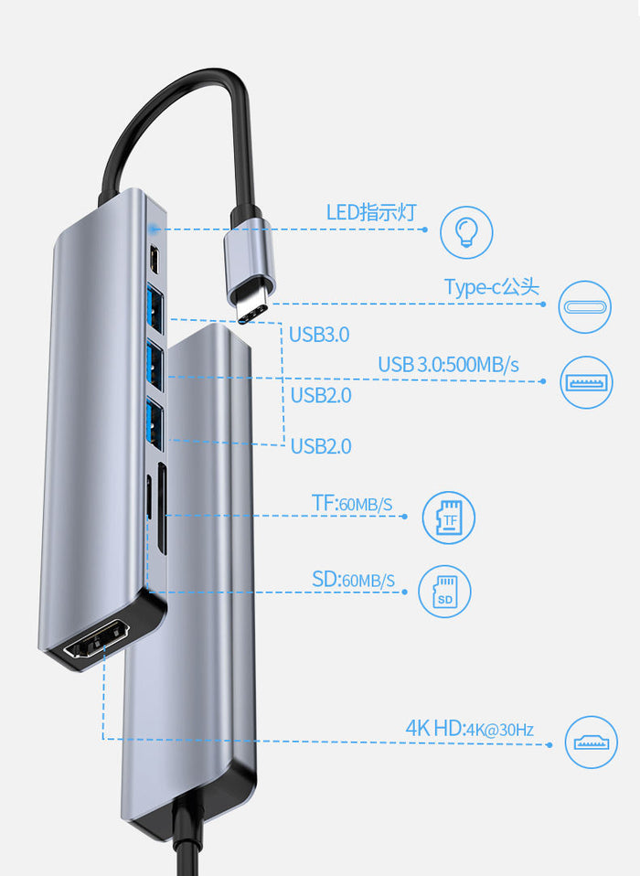 7-in-1 USB-C Hub: Ultimate Connectivity: silver, black USB-C multiport hub/docking adapter, minimal modern style