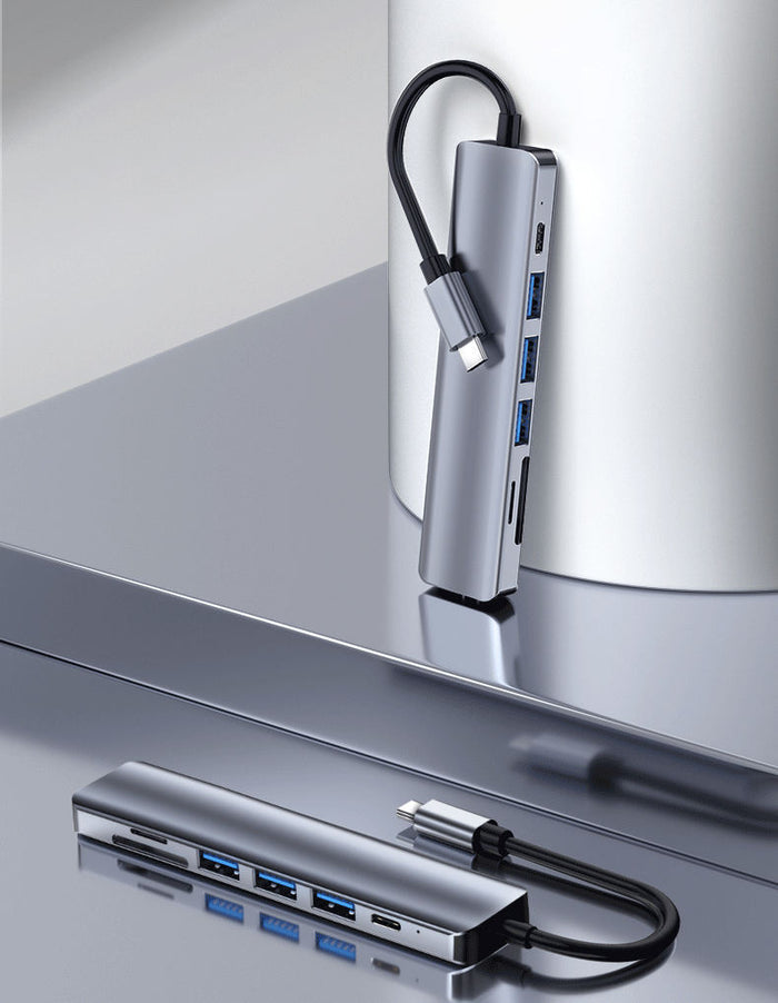 7-in-1 USB-C Hub: Ultimate Connectivity: silver, black USB-C multiport hub/docking adapter, minimal modern style