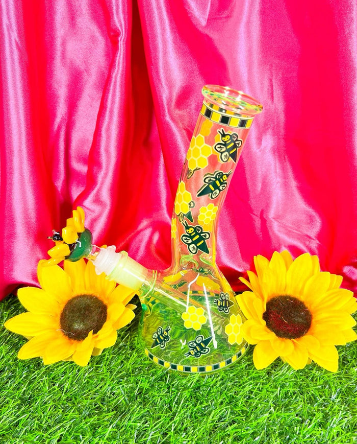 Neon Glow In The Dark Bumble Bee 8in Glass Water Pipe/Bong