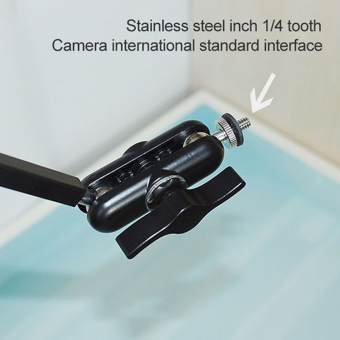 Adjustable Camera Holder for Overhead Photography: black, dark gray desk-mounted articulated camera holder/arm, functional in
