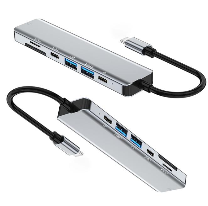 Aluminium Laptop USB Hub Dock: Features & Benefits: silver, black USB-C multiport hub/docking adapter, minimal modern tech st