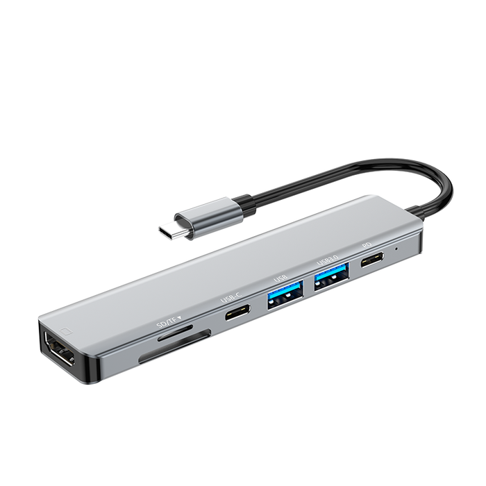 Aluminium Laptop USB Hub Dock: Features & Benefits: silver, black USB-C multiport hub/docking adapter, minimal modern tech st