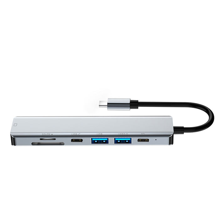 Aluminium Laptop USB Hub Dock: Features & Benefits: silver, black USB-C multiport hub/docking adapter, minimal modern tech st