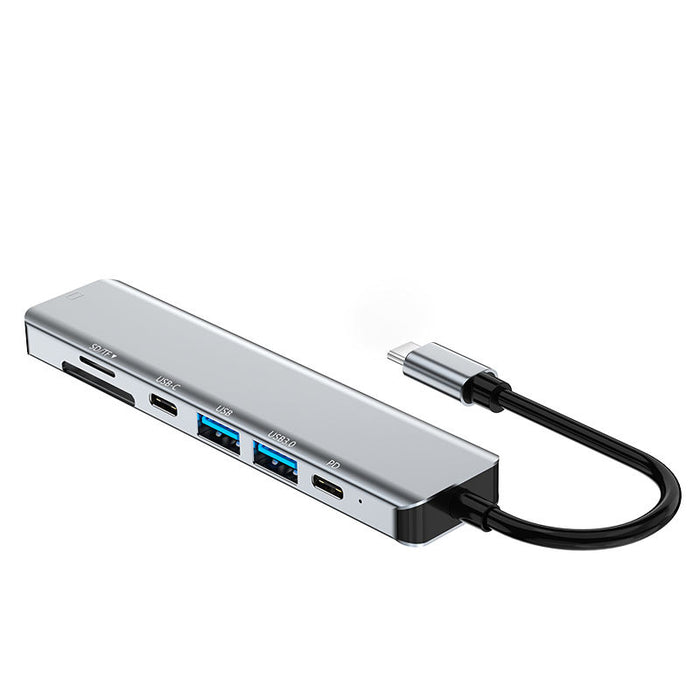 Aluminium Laptop USB Hub Dock: Features & Benefits: silver, black USB-C multiport hub/docking adapter, minimal modern tech st