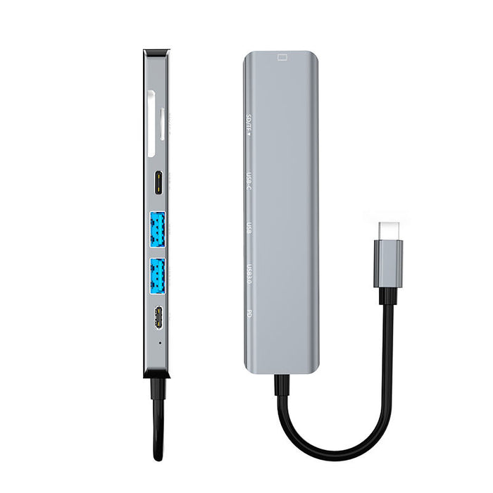 Aluminium Laptop USB Hub Dock: Features & Benefits: silver, black USB-C multiport hub/docking adapter, minimal modern tech st