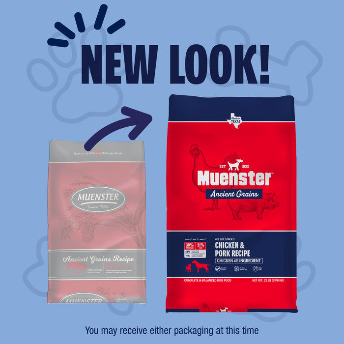 Muenster Ancient with with Chicken & Pork Dog Food packaging transition from old bag to new bag