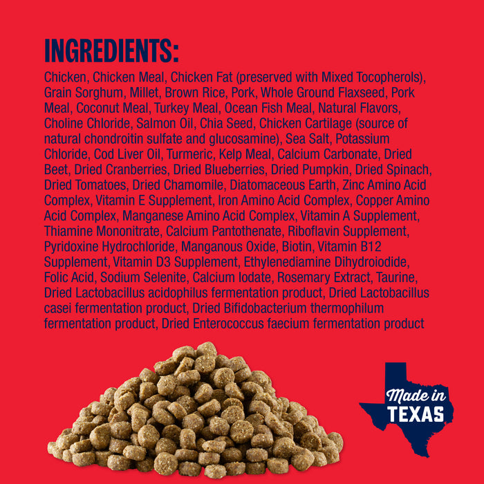 Ingredients for Muenster Ancient Grains with Chicken & Pork Dog Food with kibble shown below