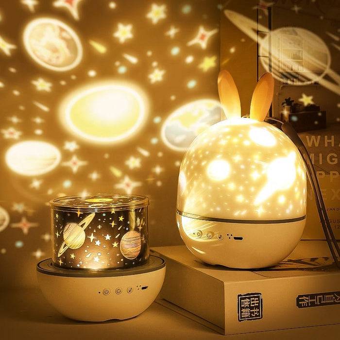 Astronaut Projector Lamp: Modern Elegance: warm white, cream rabbit and space/planet theme, cartoon/kawaii space-themed style