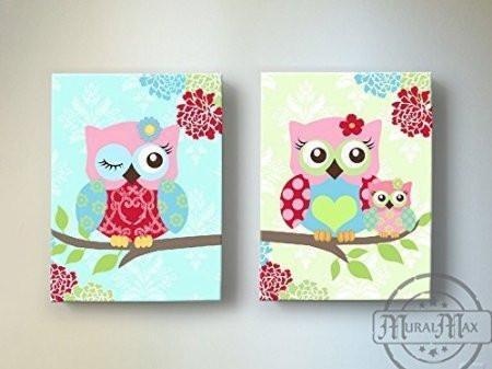 Baby Girl Nursery Art - Pink Teal Owl Family - Floral Mums Canvas Art Decor - Set of 2Baby ProductMuralMax Interiors