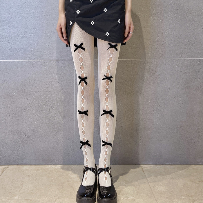 Black & White Anime Bowknot Laces: off-white, black patterned tights, cute, feminine style