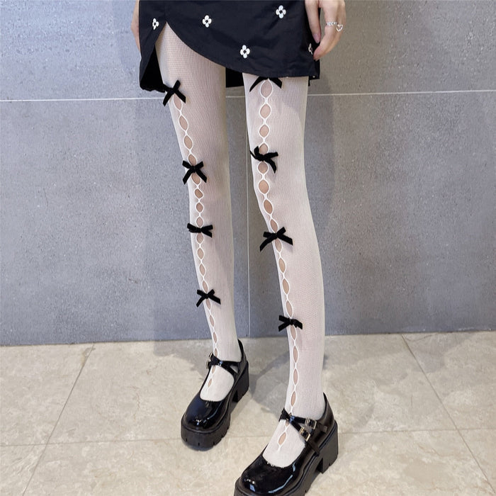 Black & White Anime Bowknot Laces: off-white, black patterned tights, cute, feminine style