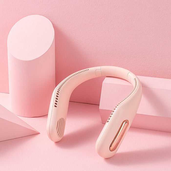 Bladeless Portable Neck Fan with Rechargeable Battery: light pink, rose gold wearable neck fan, minimal style