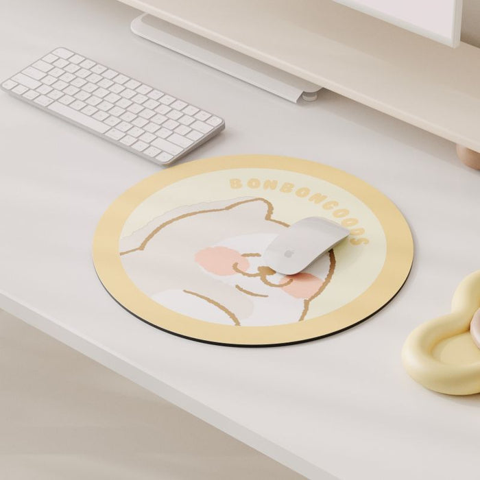 BonBonGoods PU Leather Gaming Mousepad: cream, pale yellow cartoon bear face, cute cartoon style