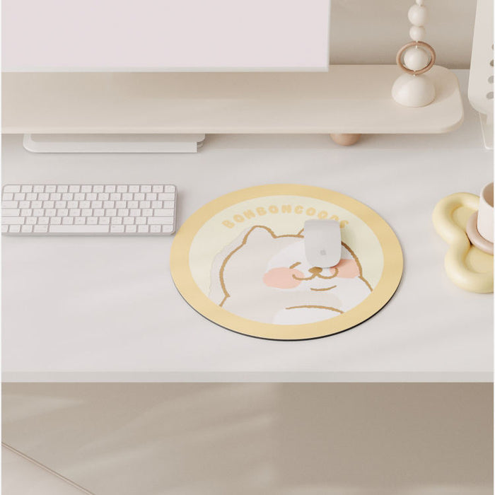 BonBonGoods PU Leather Gaming Mousepad: cream, pale yellow cartoon bear face, cute cartoon style