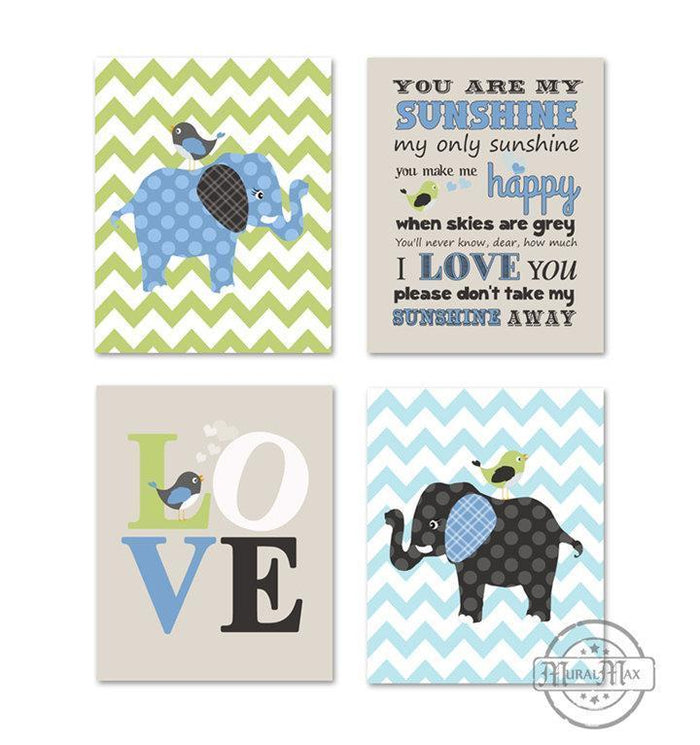 Brooks Elephant & Love Nursery Art - You Are My Sunshine Nursery Wall Art - Unframed Prints - Set of 4 - MuralMax Interiors