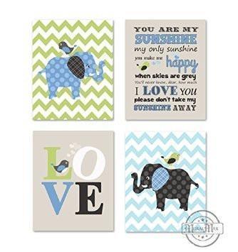 Brooks Elephant & Love Nursery Art - You Are My Sunshine Nursery Wall Art - Unframed Prints - Set of 4 - MuralMax Interiors