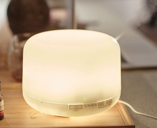 BT Speaker with Colorful Lights & Diffuser: pale aqua, white ultrasonic aroma diffuser/humidifier, minimal style