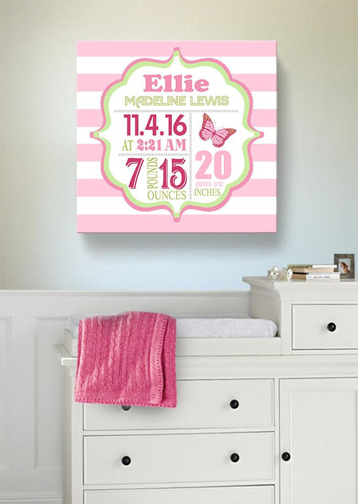 Butterfly Birth Stats Baby Girl Nursery Decor - Modern Birth Announcements Canvas ArtBaby ProductMuralMax Interiors