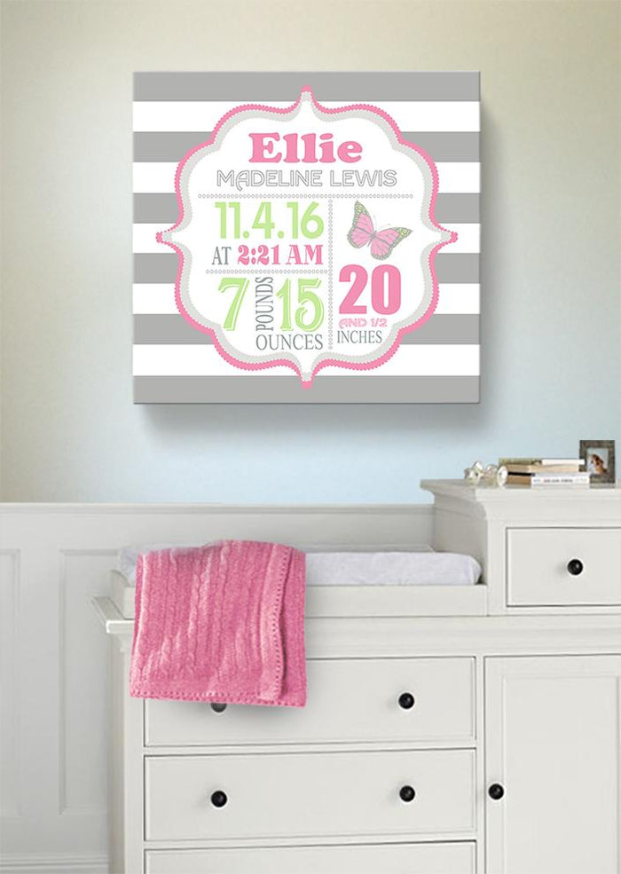 Butterfly Birth Stats Baby Girl Nursery Decor - Modern Birth Announcements Canvas ArtBaby ProductMuralMax Interiors