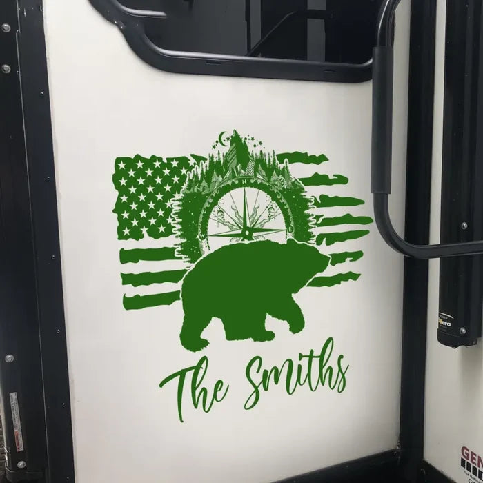 Camping Mountain And Bear Flag - Personalized Decal, Gift For Camping Lovers, Camping Decor - CF-PCD126