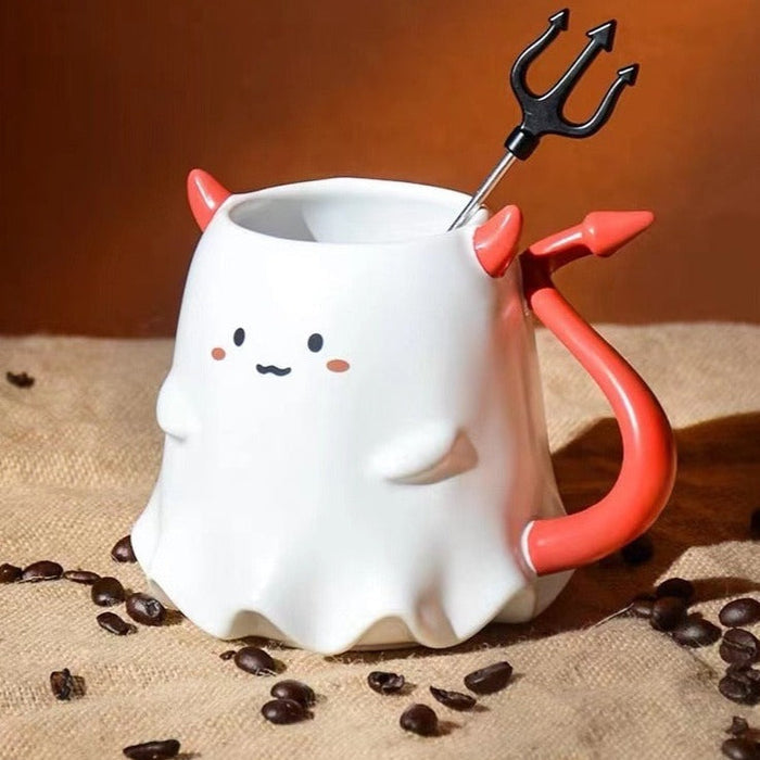 Ceramic Halloween Ghost Mug, Delightful: white, red cute ghost character with devil tail and trident, kawaii cartoon style