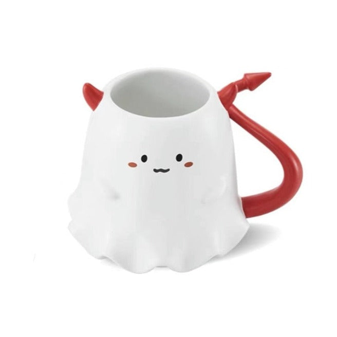 Ceramic Halloween Ghost Mug, Delightful: white, red cute ghost character with devil tail and trident, kawaii cartoon style