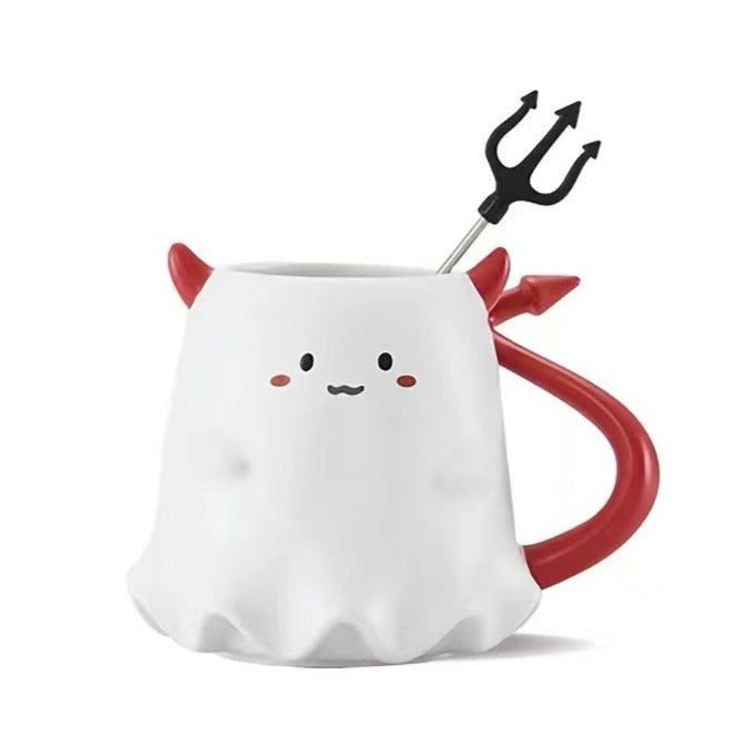 Ceramic Halloween Ghost Mug, Delightful: white, red cute ghost character with devil tail and trident, kawaii cartoon style