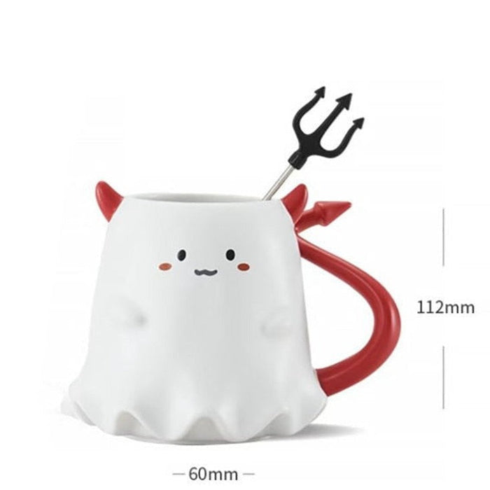 Ceramic Halloween Ghost Mug, Delightful: white, red cute ghost character with devil tail and trident, kawaii cartoon style