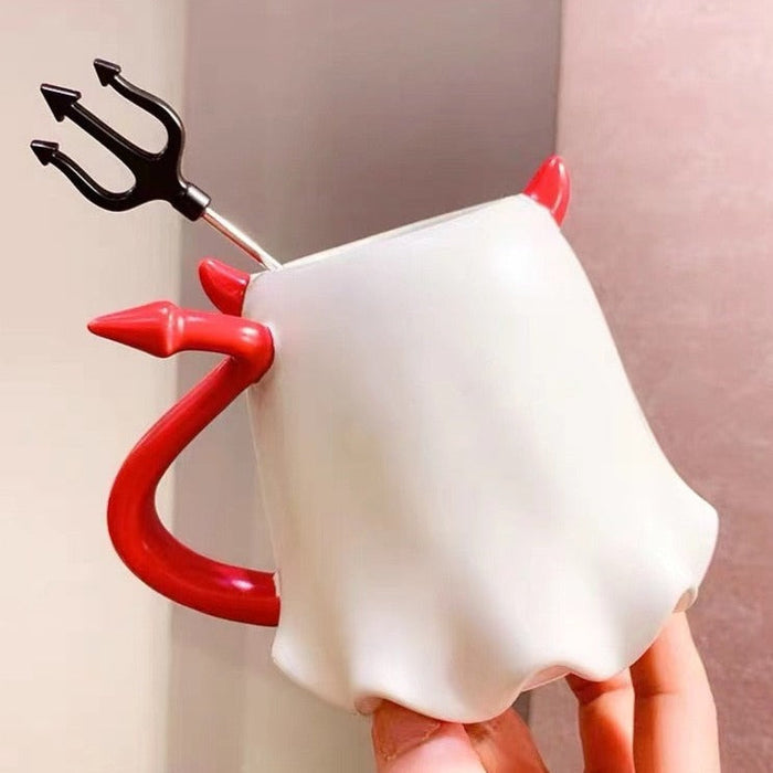 Ceramic Halloween Ghost Mug, Delightful: white, red cute ghost character with devil tail and trident, kawaii cartoon style