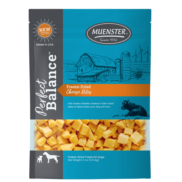 Muenster Perfect Balance Freeze-Dried Cheese Bites. This is what the original packaging looks like. You may receive this version of the bag.