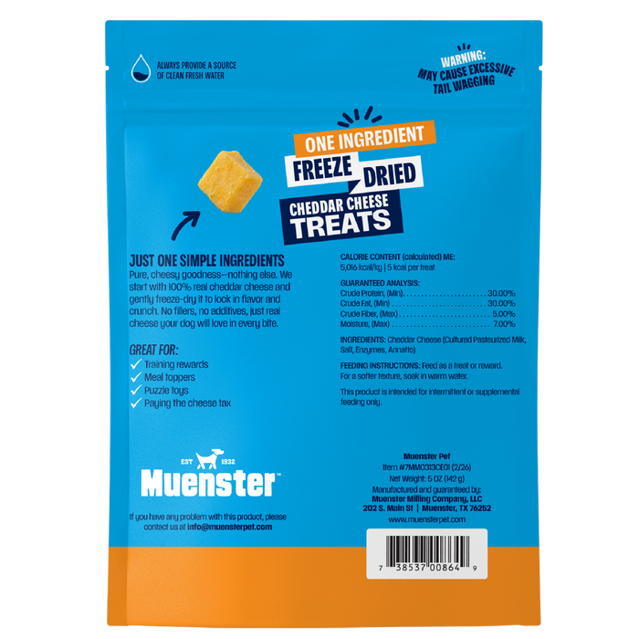 Back of the package for Muenster Freeze Dried Cheddar Cheese Treats