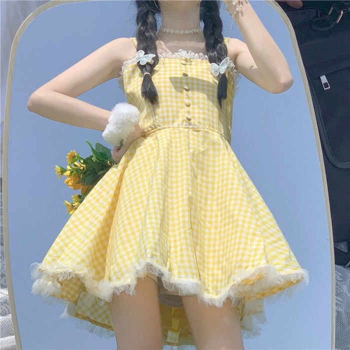 Cheerful Yellow Plaid Mini Dress: yellow, white dress, kawaii style