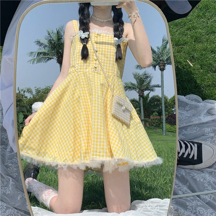 Cheerful Yellow Plaid Mini Dress: yellow, white dress, kawaii style