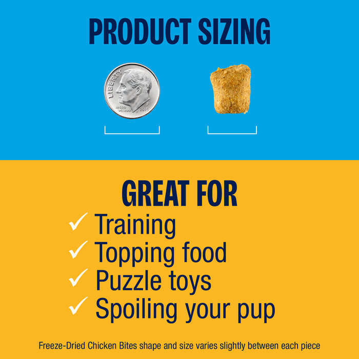 Product sizing chart showing the bite size is about the same as a dime, listing it is great for training, topping food, puzzle toys, spoiling your pup.