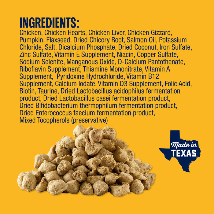 Dog food ingredients list with a pile of dog food and 'Made in Texas' label on a yellow background