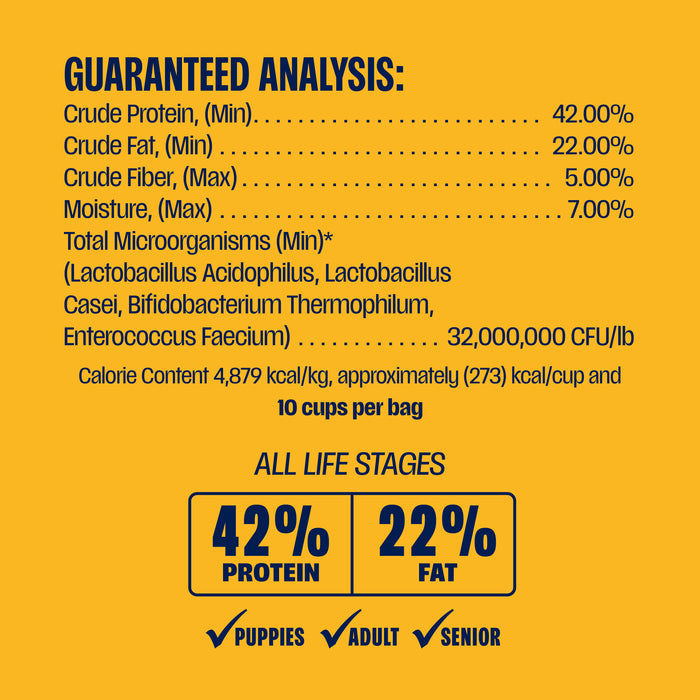 Nutritional label with guaranteed analysis for a pet food product on a yellow background