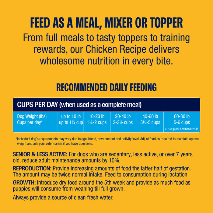 A yellow informational label for dog food detailing feeding instructions, a daily feeding chart by dog weight, and guidelines for special life stages.