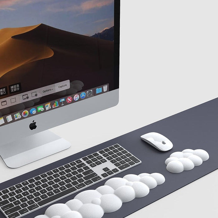 Cloud Keyboard Wrist Rest with Memory Foam: black, light blue clouds, minimal cartoon style