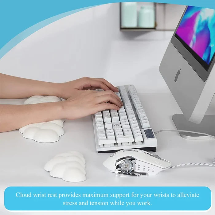 Cloud Keyboard Wrist Rest with Memory Foam: black, light blue clouds, minimal cartoon style