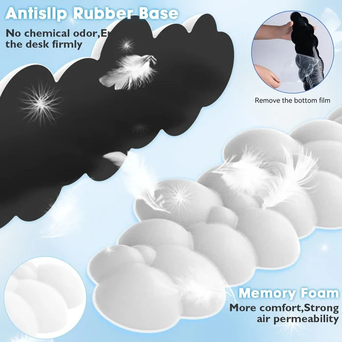 Cloud Keyboard Wrist Rest with Memory Foam: black, light blue clouds, minimal cartoon style